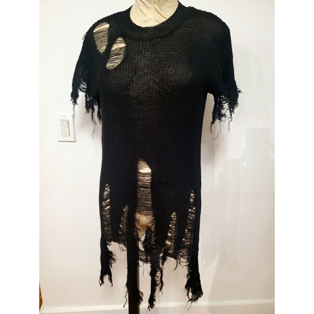 Haebaragi Distressed Black Dress with Distressed sleeves & hem detail Size S/M
